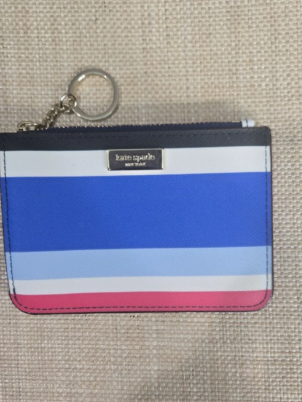 NWOT kate spade Blue, Light Blue, White, Pink Striped Card Pouch with Keyring